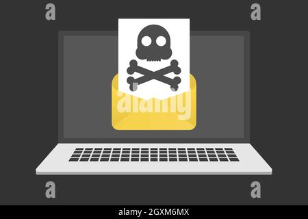 Malicious Email. Problem with Laptop. Message with a Skull on Laptop Screen Stock Vector