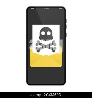 Malicious Email. Problem with Phone. Message with a Skull on Phone Screen Stock Vector