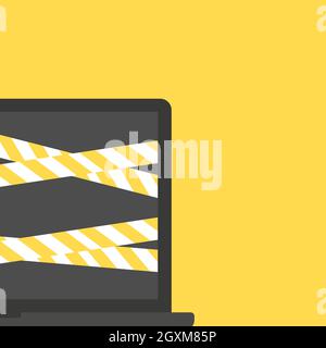 Laptop is Wrapped in Warning Ribbons. Problem with Laptop Stock Vector