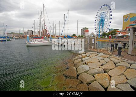 Saiboat harbor and Dream Plaza Ferris Wheel in the Hinode area of Shizuoka, Japan Stock Photo