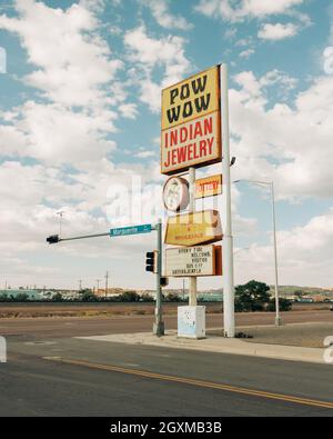 Pow Wow Indian Jewelry sign, on Route 66 in Gallup, New Mexico Stock Photo