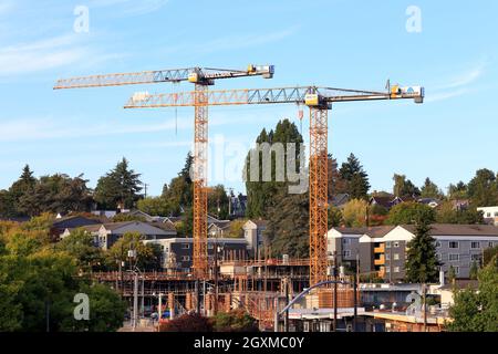 Transit-oriented, affordable housing buildings under construction in the Mt. Baker neighborhood in Seattle, Washington, September 13, 2019 Stock Photo