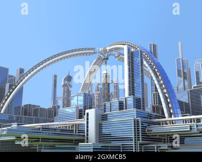 3D illustration of a city skyline with futuristic architecture and metallic structures, for science fiction backgrounds. The outline clipping path is Stock Photo