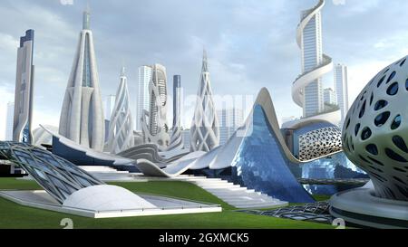 3D illustration of a city skyline with futuristic, organic architecture and metallic structures, for science fiction backgrounds. The outline clipping Stock Photo
