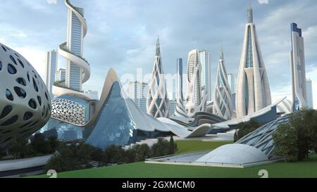 Futuristic mega city skyline architecture with organic structures, for science fiction backgrounds. The 3D rendering includes the outline clipping pat Stock Photo