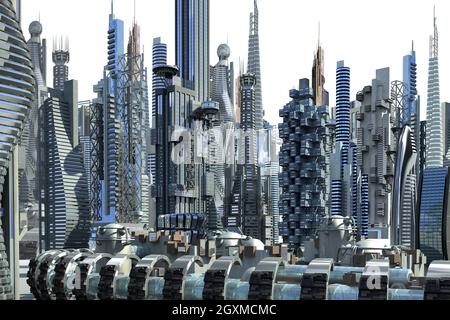 Mega city skyline futuristic architecture with metallic structures, for science fiction backgrounds. The outline clipping path is included in the 3D i Stock Photo