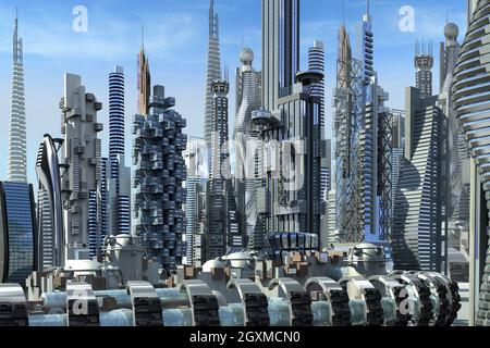 Futuristic mega city skyline architecture with metallic structures, for science fiction backgrounds. The 3D rendering includes the outline clipping pa Stock Photo