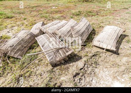 Fishing traps on a char sandbank island in Jamuna river, Bangladesh Stock Photo