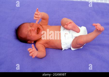 3 week old newborn baby boy on back in diaper crying full length biracial Asian Japanese and Caucasian Stock Photo