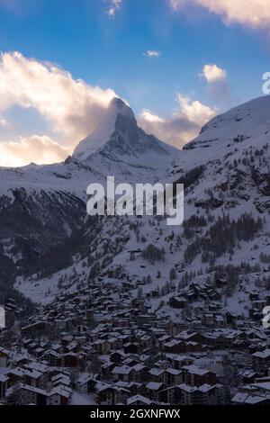 aerial view on zermatt valley and matterhorn peak at dusk with fresh snow in  switzerland Stock Photo