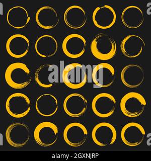 Set of abstract yellow grunge ring shapes. Vector illustration. Trendy design elements for rounded logo, sign, symbol, web pages, prints, template Stock Vector