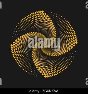 Abstract yellow rotated tiny arrowheads. Halftone dots. Trendy design element for border frame, logo,  tattoo, symbol, web, prints, posters, template Stock Vector