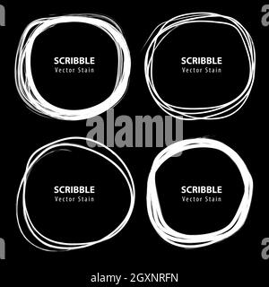 Set of white hand drawn scribble circles. Doodle style sketched design elements for round border frame, logo, labels, badges, notes Stock Vector