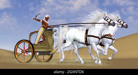 An Egyptian warrior rides in a chariot with a team of Arabian horses to a battle in ancient Egypt. Stock Photo