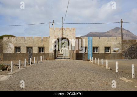 Entrance portal, infirmary, Tarrafal concentration camp, Monte Graciosa, Santiago Island, Republic of Cape Verde Stock Photo