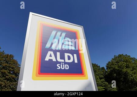 Logo Aldi Sued, in front of the head office, discount retail chain, Muelheim an der Ruhr, Ruhr area, North Rhine-Westphalia, Germany Stock Photo