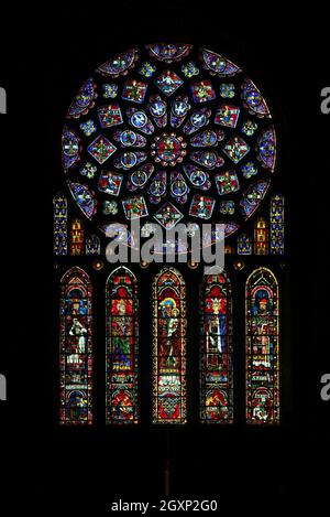 Rose window of the north transept with five lancet windows below, Notre-Dame Cathedral, Chartres, Eure-et-Loir, France Stock Photo