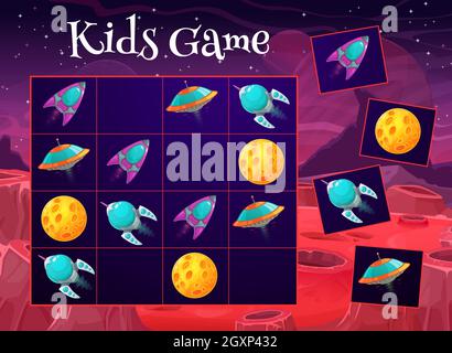 Space sudoku game. Kids maze, children logical puzzle or rebus with cartoon vector UFO flying saucer spaceship, alien rockets and planet or moon. Chil Stock Vector