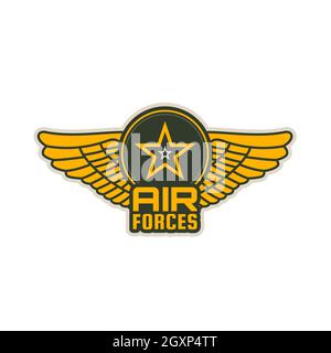 Air forces patch vector icon of wings, shield and star. Military aircraft wings isolated heraldic badge of army or navy aviation division, squadron, f Stock Vector