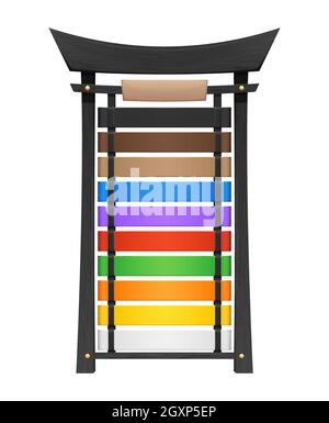 Karate belt display stand vector black wooden rack. Asian combat sport and martial arts equipment, wood holder with hanging colorful belts, karate kim Stock Vector
