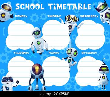 Timetable schedule with robots, school week lessons planner, vector ...