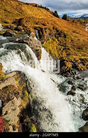 Gluggafoss waterfall in summer season also called Merkjarfoss near Thorsmork, Iceland Stock Photo
