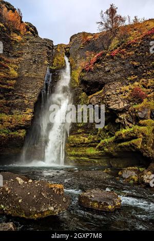 Gluggafoss waterfall in summer season also called Merkjarfoss near Thorsmork, Iceland Stock Photo