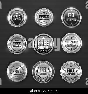 Silver free shipping and delivery labels and seals, vector metal badges. Premium quality and free shipping or express order service seals and fast del Stock Vector