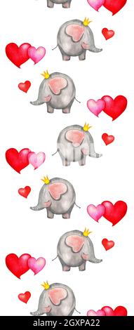 Seamless watercolor vertical pattern with cute round slee and red and pink hearts. Love concept in cartoon style. Hand painted cute animals illustrati Stock Photo