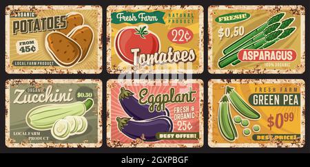 Farm vegetables rusty plates with vector veggie food and beans. Fresh tomato, zucchini, potato and eggplant, green pea and asparagus vintage tin signs Stock Vector