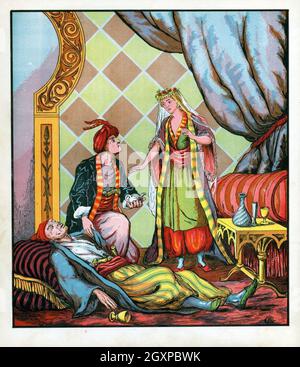 This early 1900s illustration shows Aladdin and the Efrite. The tale is a  folktale and probably originated in the Middle East. His tale is often  connected with and/or included in The Thousand
