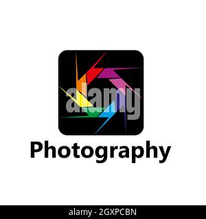 Photography vector icon of diaphragm with colorful leaves or blades, photographer photo studio or photography creative workshop design. Rainbow photo Stock Vector