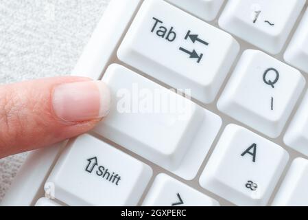 Business Lady Pointer Pressing Keybord Keys, Hand Touching Console Buttons, Gentle Man Finger Showing Click Here, Start Messeging Update. Stock Photo