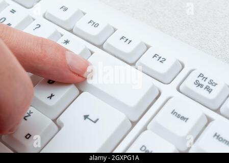 Business Lady Pointer Pressing Keybord Keys, Hand Touching Console Buttons, Gentle Man Finger Showing Click Here, Start Messeging Update. Stock Photo