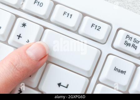 Business Lady Pointer Pressing Keybord Keys, Hand Touching Console Buttons, Gentle Man Finger Showing Click Here, Start Messeging Update. Stock Photo