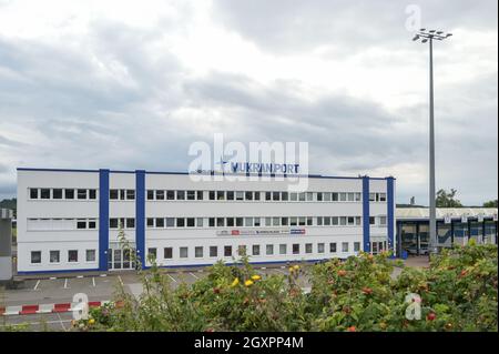 Sassnitz Mukran, Germany, August 20, 2020: Terminal and office building of the Sassnitz Mukran port for passengers and industry cargo freight, interna Stock Photo