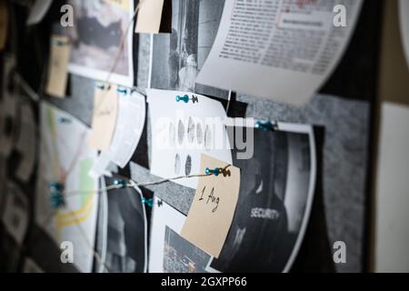 Police Investigation Board And Crime Victim Information Stock Photo