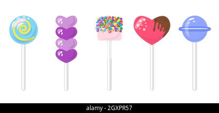 Candy set flat cartoon on a stick. Marshmallows with colored sprinkles, heart in chocolate glaze and purple valentine shape, round candy with a spiral inside, blue lollipop. Bonbon sweets collection Stock Vector