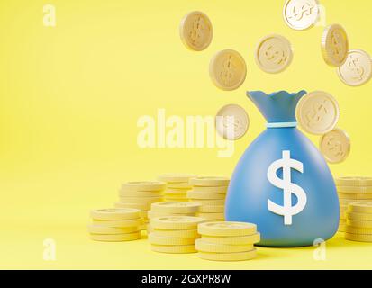 Money bag with dollar cash sack moneybag with dollar coins, Canvas money sacks, business and finance, moneybag and gold coins simple cartoon icon on y Stock Photo