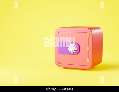 Security metal safe bank box icon, money locker safe front view with close door on yellow background, web design element templates, wallet security co Stock Photo