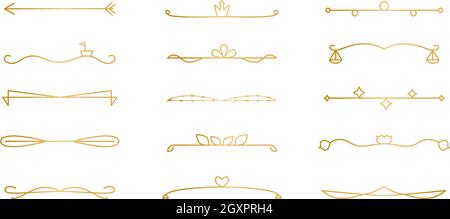 Dividers chapter, decorations and delimiters set. Frame elements with swirls, text separators, other shapes. For wedding invite, document, certificate, menu, line and wave isolated on white background Stock Vector