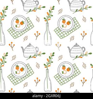 Seamless pattern with autumn elements - cute teapot and vase with twigs, plates with persimmon, leaves and berries. Vector illustration in doodle style. Perfect for holiday designs, wrapping paper Stock Vector