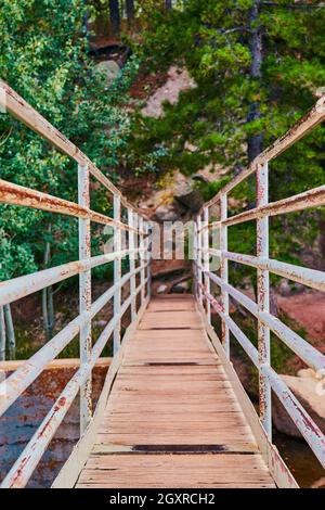 Vertical walking bridge detail with rusted railing and wood plans into forest Stock Photo