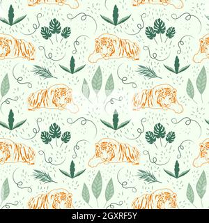 Pattern orange tigers and leaves. Vector illustration. Stock Vector