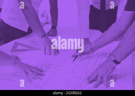 Team of architects people in group  on construciton site check documents and business workflow Stock Photo