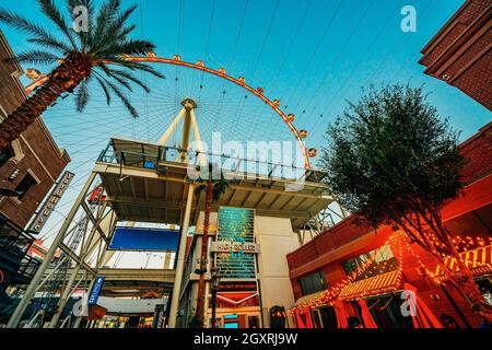 Las Vegas, Nevada, USA - October 1, 2021  The High Roller observation wheel, giant ferries wheel on the Las Vegas Strip, street view