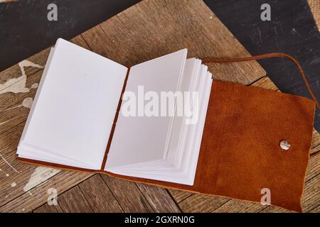 Blank pages of book open with leather soft cover Stock Photo