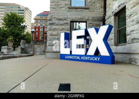 Lexington, KY - October 1, 2021: The 'LEX' sign at the Lexington Visitors Center, located in the historic Courthouse Square in Downtown Lexington. Stock Photo