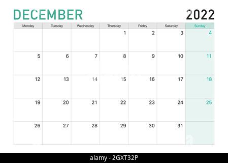 2022 December illustration vector desk calendar weeks start on Monday in light green and white theme Stock Vector