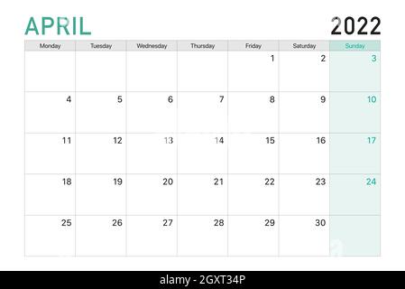 2022 April illustration vector desk calendar weeks start on Monday in light green and white theme Stock Vector